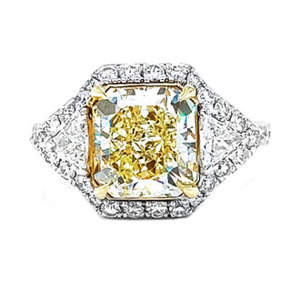Natural Mined Radiant Cut Fancy Yellow Diamond with Triangle Cut Diamond Halo Ring White Gold