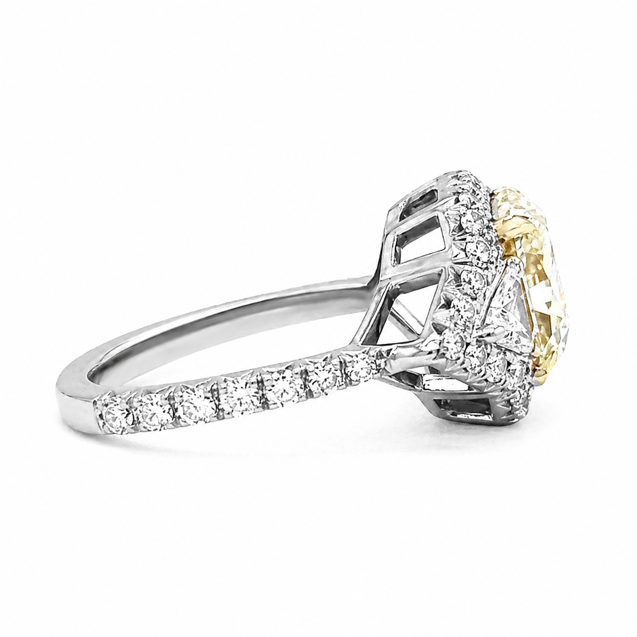 Natural Radiant Cut Fancy Yellow Diamond with Triangle Cut Diamond Halo Ring 18KT White Gold