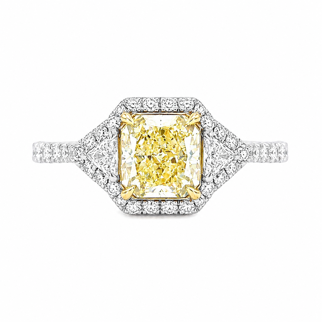 Natural Radiant Cut Fancy Yellow Diamond with Triangle Cut Diamond Halo Ring 18KT White Gold