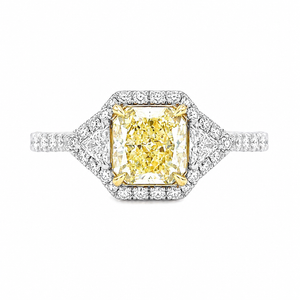 Natural Radiant Cut Fancy Yellow Diamond with Triangle Cut Diamond Halo Ring 18KT White Gold