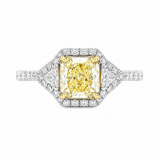 Natural Radiant Cut Fancy Yellow Diamond with Triangle Cut Diamond Halo Ring 18KT White Gold