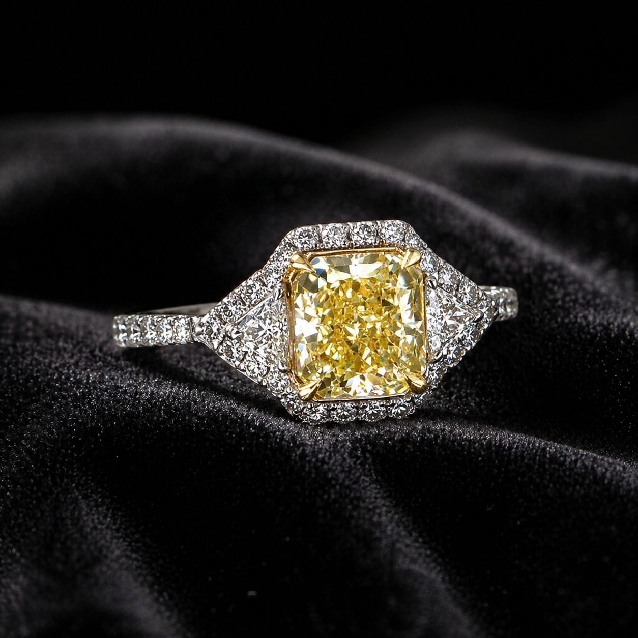 Natural Radiant Cut Fancy Yellow Diamond with Triangle Cut Diamond Halo Ring 18KT White Gold