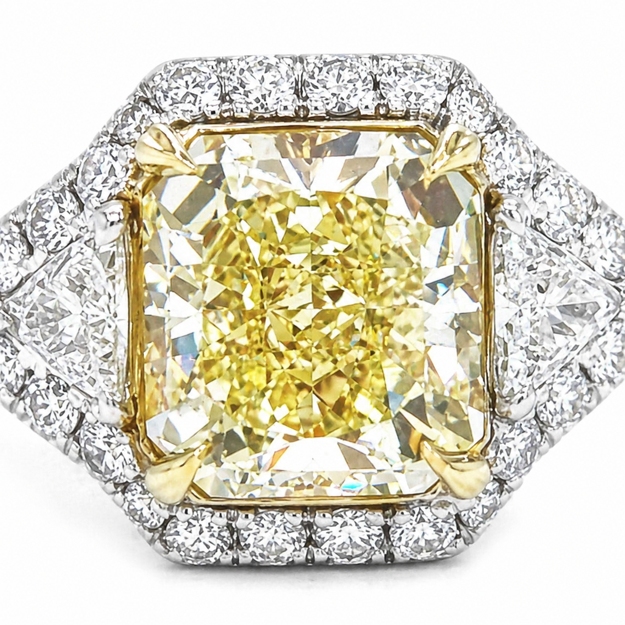 Natural Radiant Cut Fancy Yellow Diamond with Triangle Cut Diamond Halo Ring 18KT White Gold