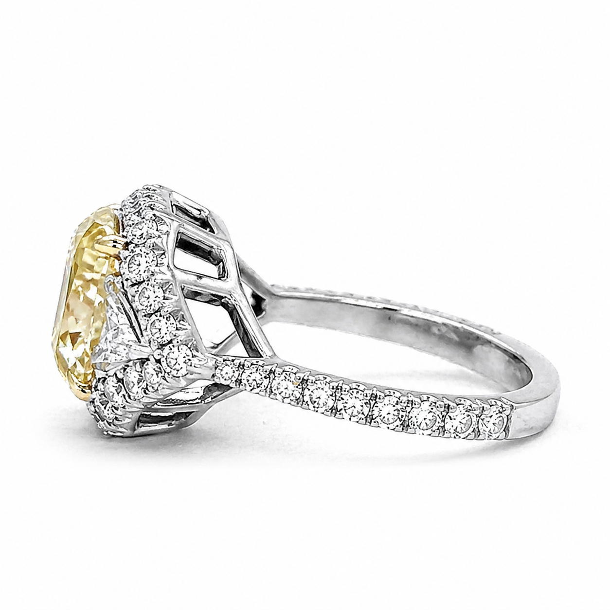 Natural Radiant Cut Fancy Yellow Diamond with Triangle Cut Diamond Halo Ring 18KT White Gold