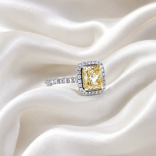 Natural Radiant Cut Fancy Yellow Diamond GIA Certified Halo Ring 18KT White Gold Ring