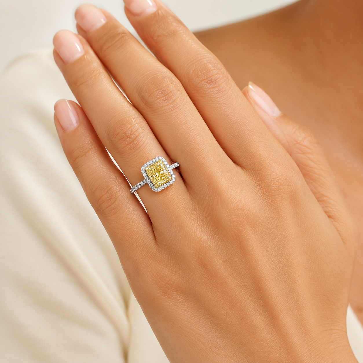 Natural Radiant Cut Fancy Yellow Diamond GIA Certified Halo Ring 18KT White Gold Ring