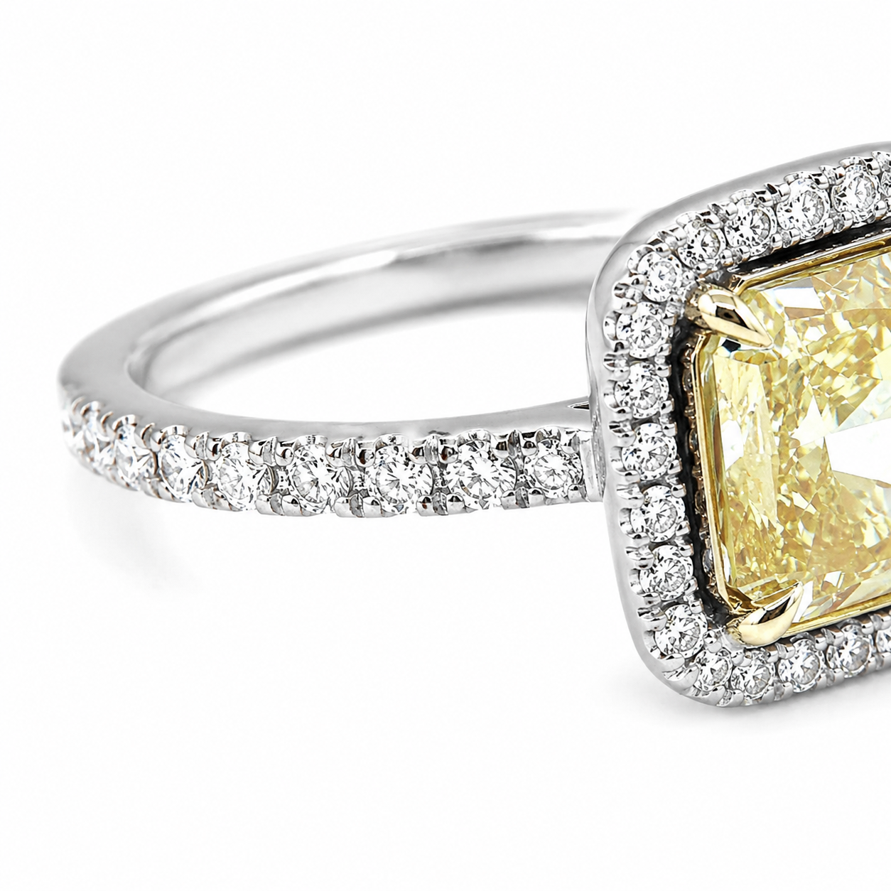 Natural Radiant Cut Fancy Yellow Diamond GIA Certified Halo Ring 18KT White Gold Ring