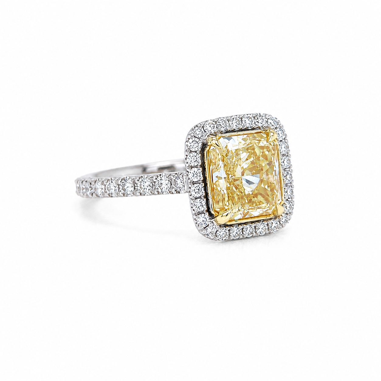 Natural Radiant Cut Fancy Yellow Diamond GIA Certified Halo Ring 18KT White Gold Ring