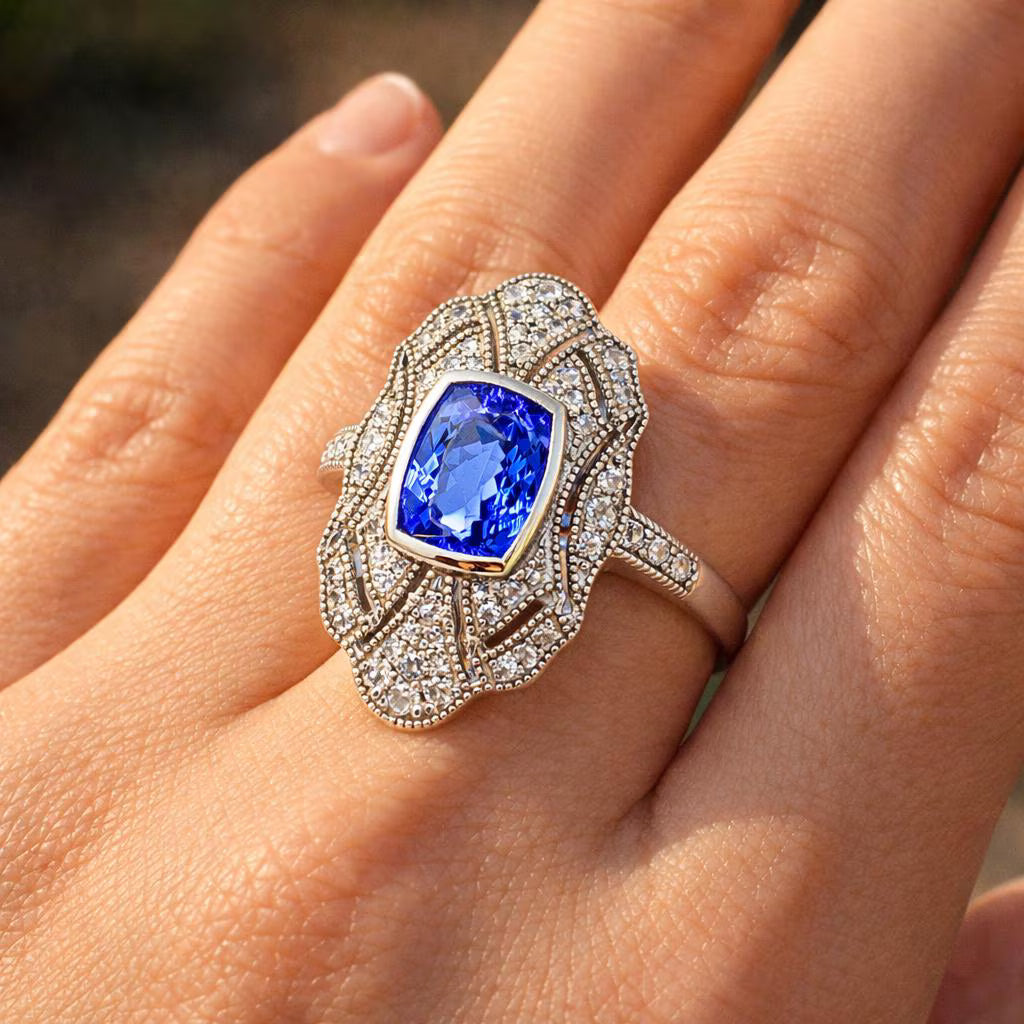 Natural Tanzanite and Diamond Cocktail Art Deco Ring 14KT White Gold
