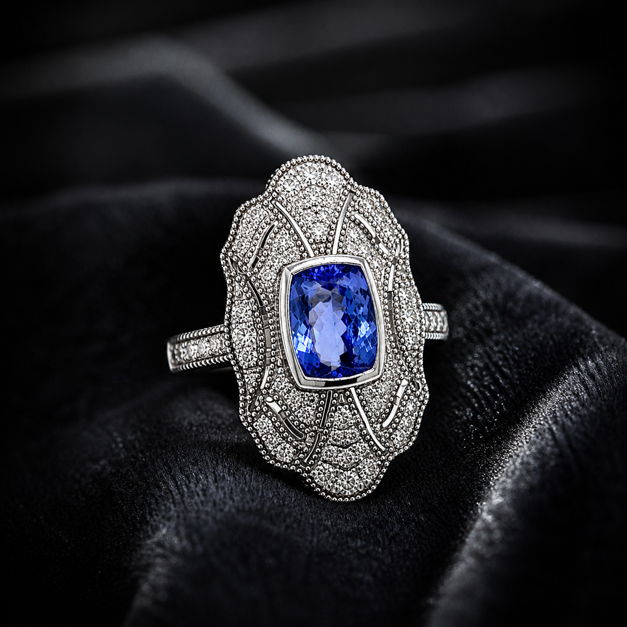 Natural Tanzanite and Diamond Cocktail Art Deco Ring 14KT White Gold