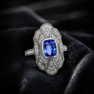 Natural Tanzanite and Diamond Cocktail Art Deco Ring 14KT White Gold