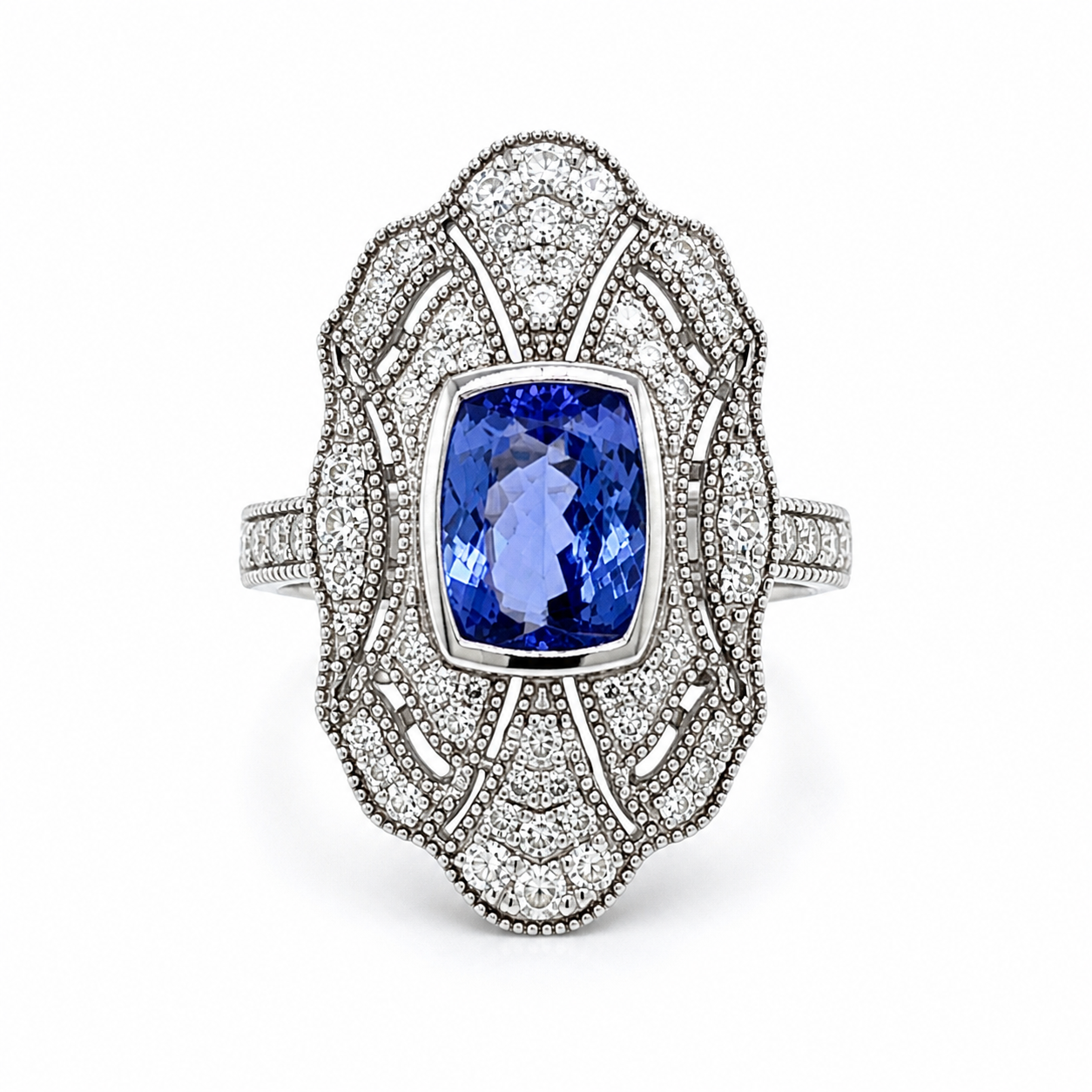 Natural Tanzanite and Diamond Cocktail Art Deco Ring 14KT White Gold