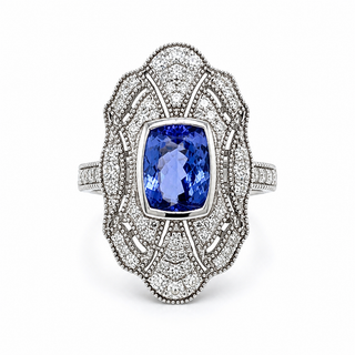 Natural Tanzanite and Diamond Cocktail Art Deco Ring 14KT White Gold