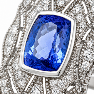 Natural Tanzanite and Diamond Cocktail Art Deco Ring 14KT White Gold