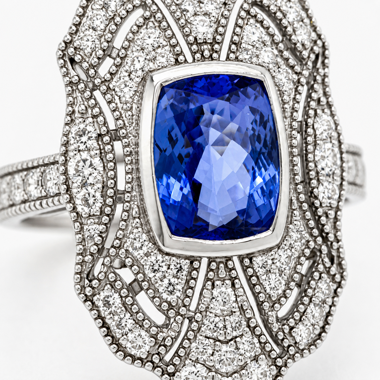 Natural Tanzanite and Diamond Cocktail Art Deco Ring 14KT White Gold