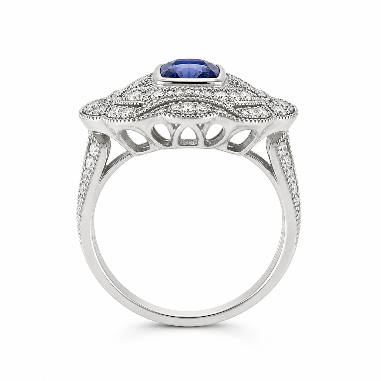 Natural Tanzanite and Diamond Cocktail Art Deco Ring 14KT White Gold
