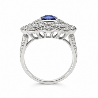 Natural Tanzanite and Diamond Cocktail Art Deco Ring 14KT White Gold