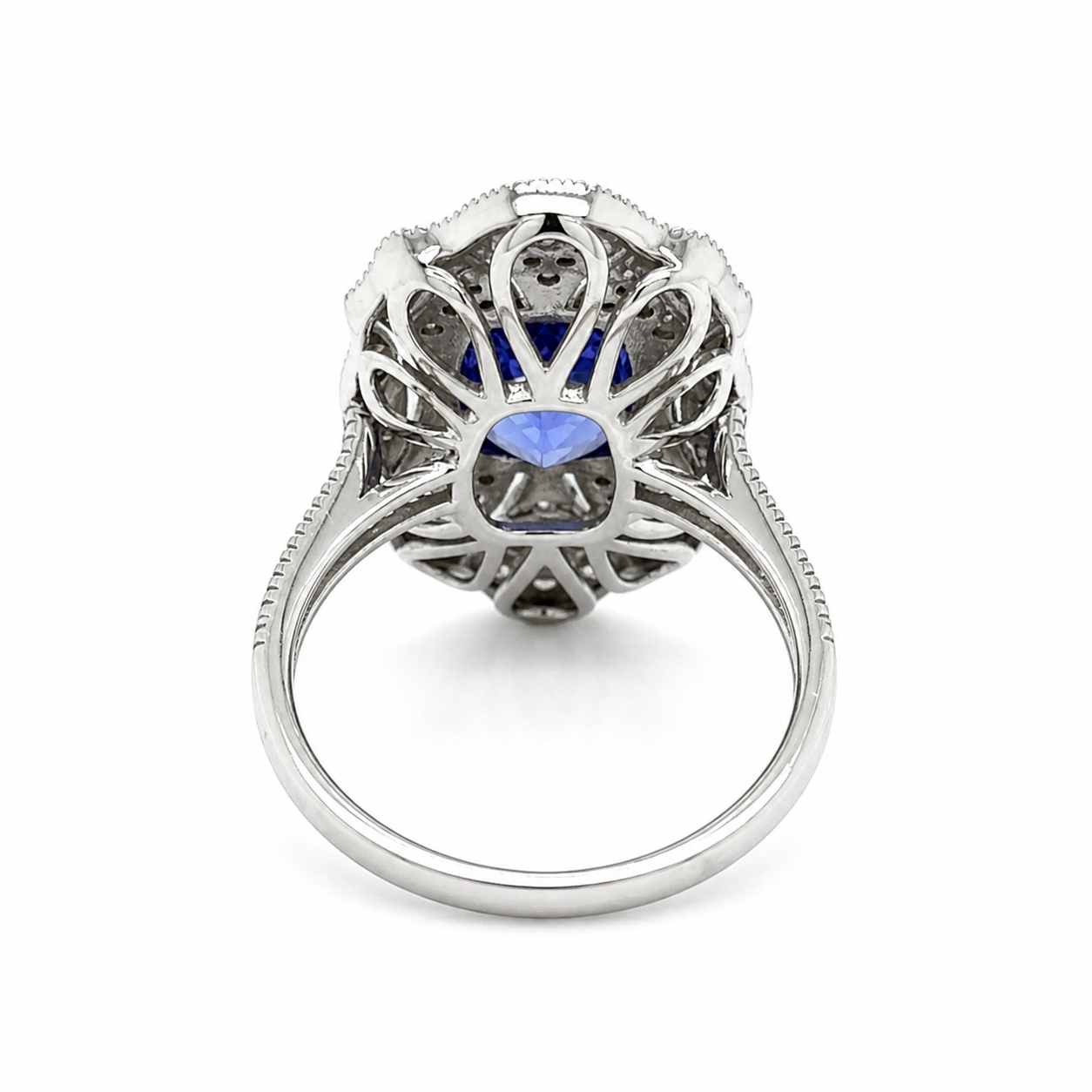 Natural Tanzanite and Diamond Cocktail Art Deco Ring 14KT White Gold