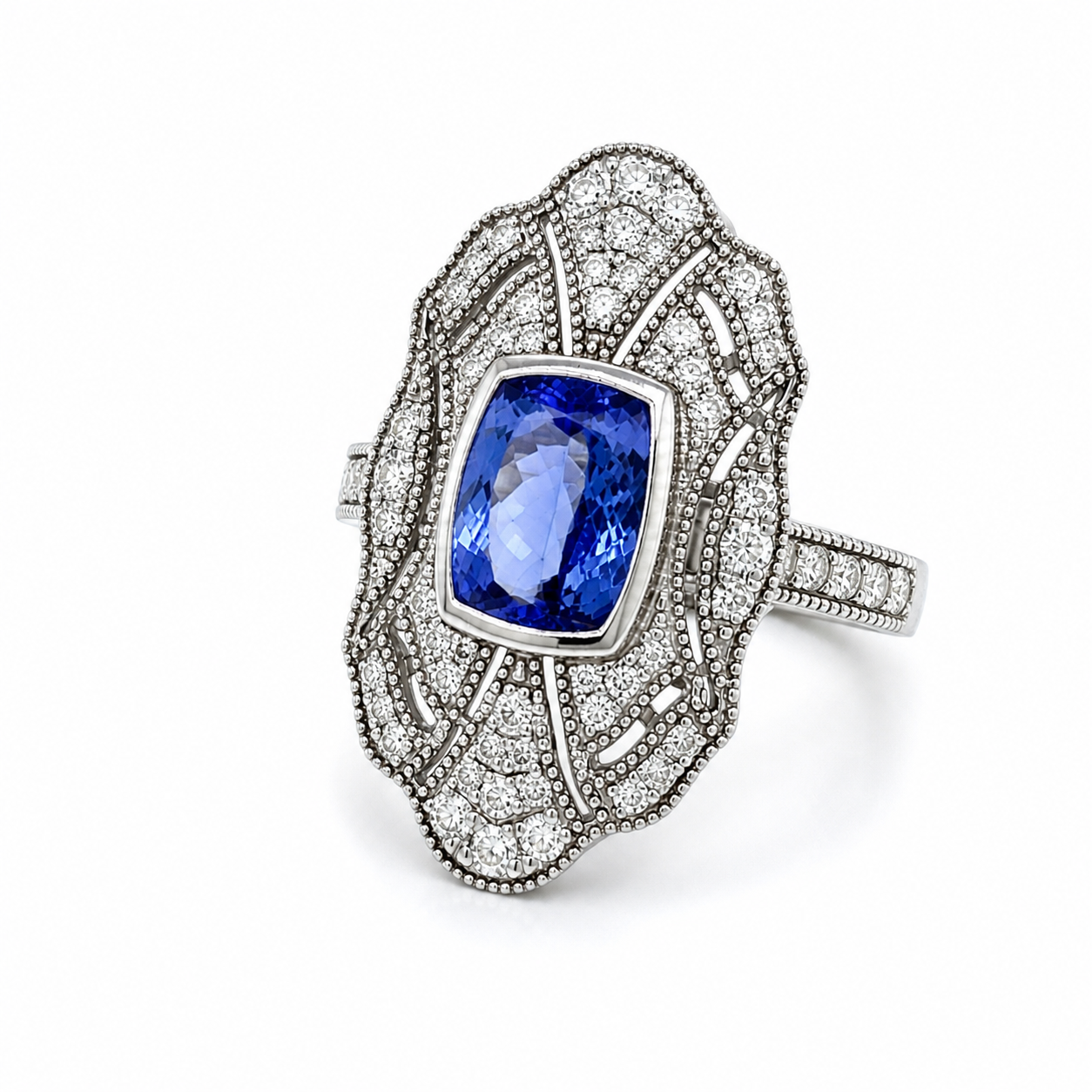 Natural Tanzanite and Diamond Cocktail Art Deco Ring 14KT White Gold