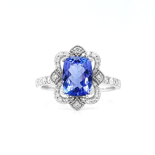 Natural Mined Tanzanite and Diamond Art Deco Cocktail Ring White Gold