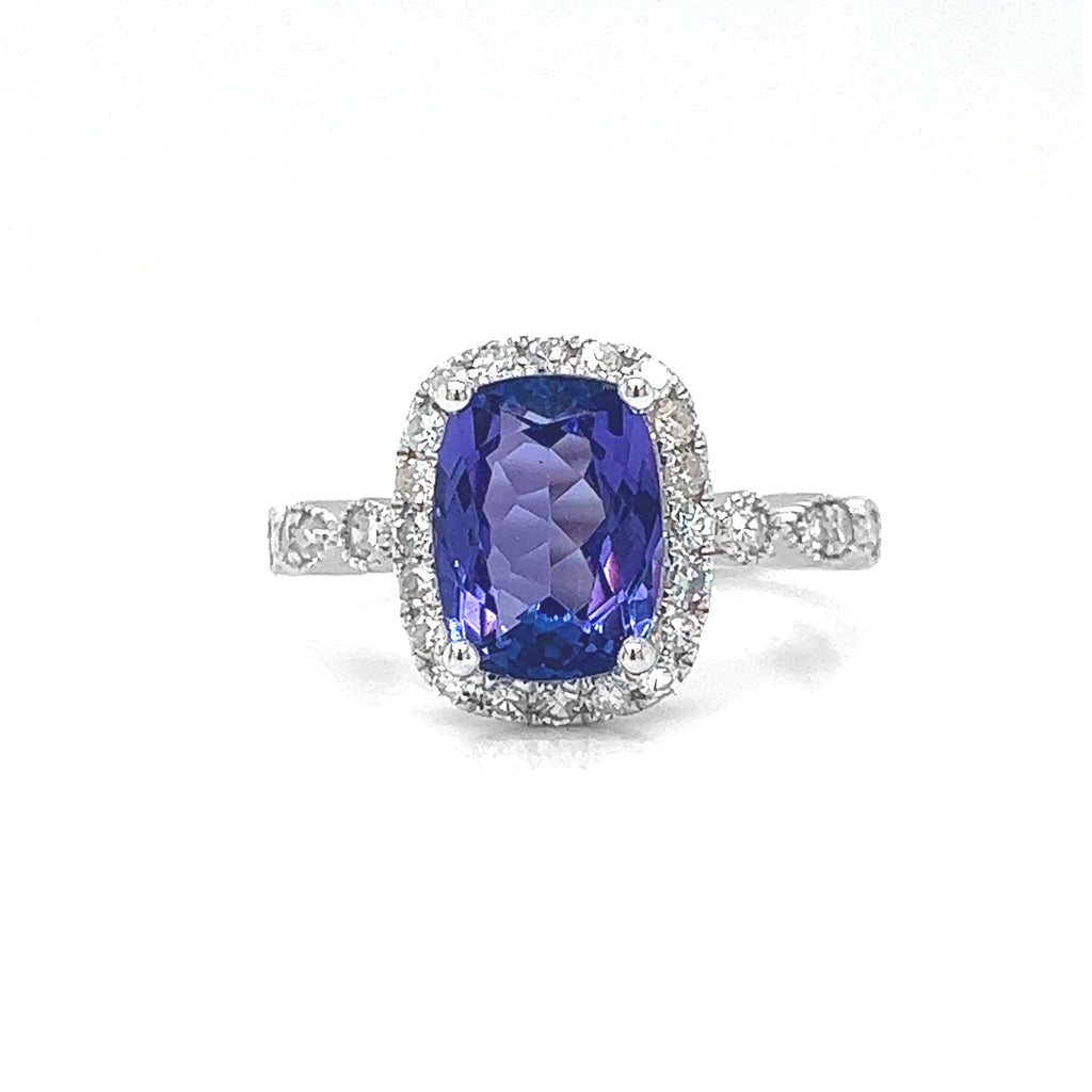 Natural Tanzanite Diamond Halo Cocktail Art Deco Ring, in White Gold
