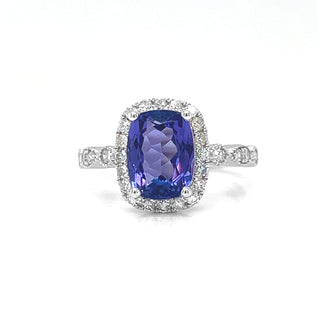 Natural Tanzanite Diamond Halo Cocktail Art Deco Ring, in White Gold