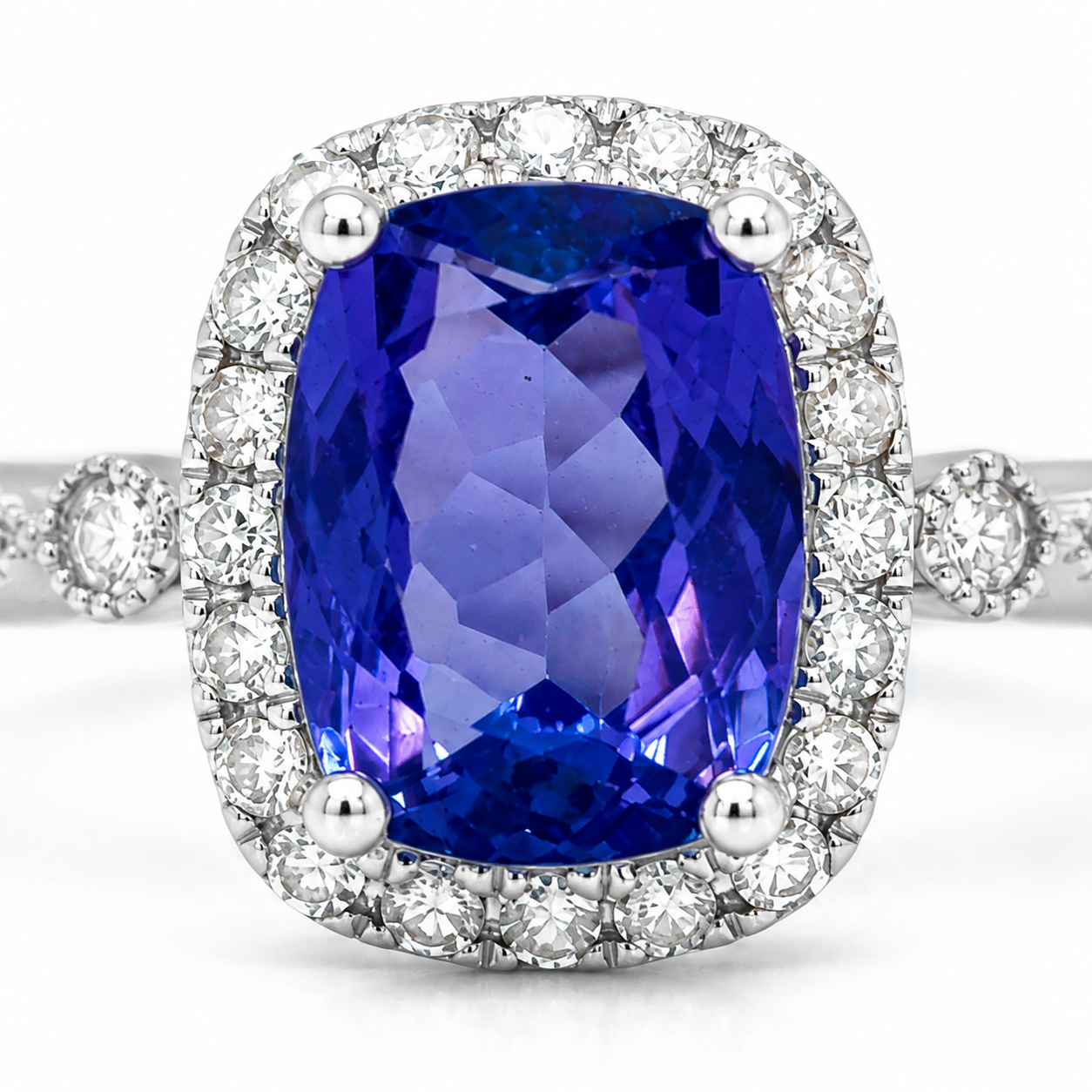 Natural Tanzanite Diamond Halo Cocktail Art Deco 14KT White Gold Ring