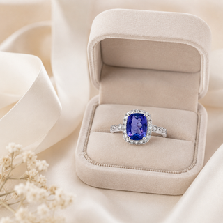 Natural Tanzanite Diamond Halo Cocktail Art Deco 14KT White Gold Ring