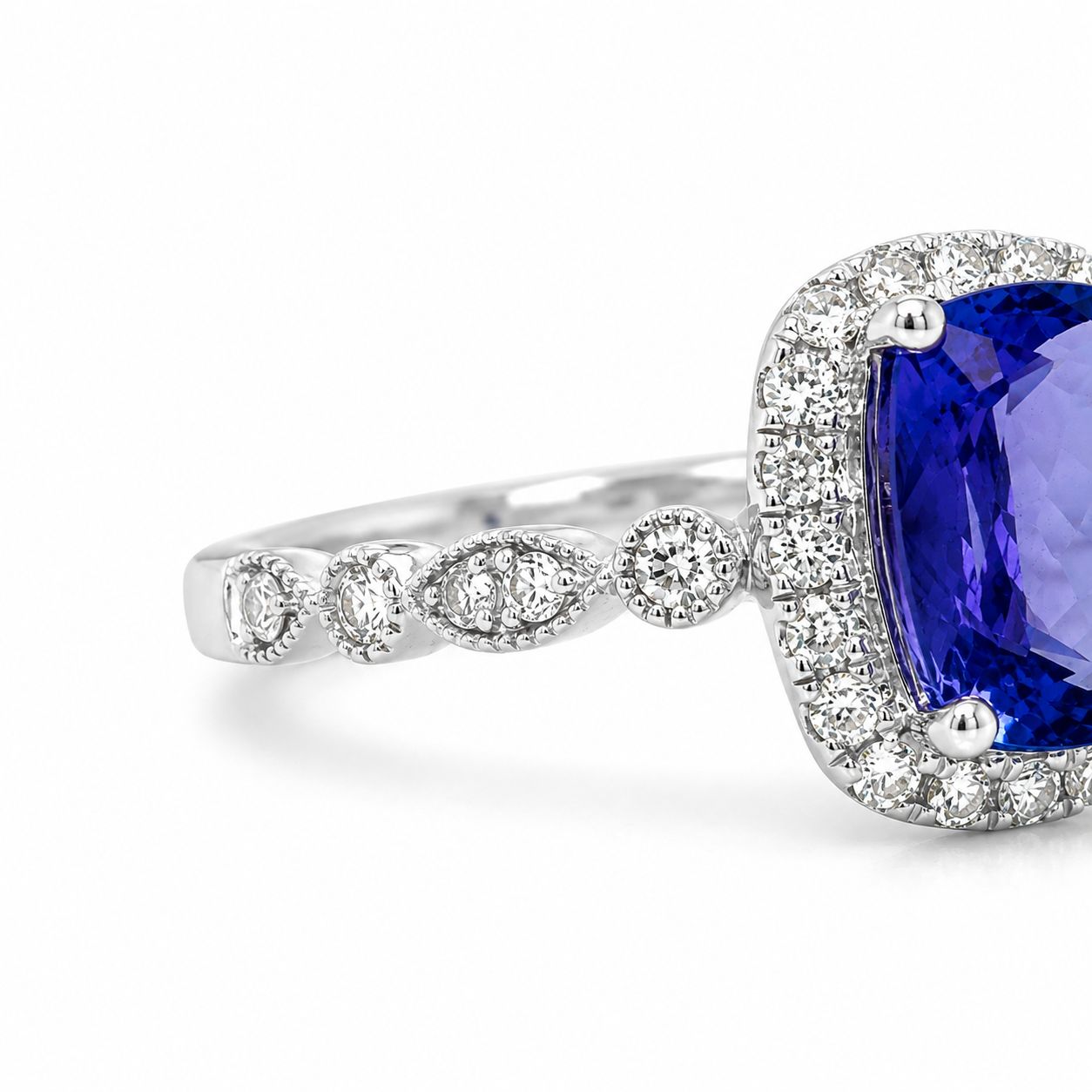 Natural Tanzanite Diamond Halo Cocktail Art Deco 14KT White Gold Ring