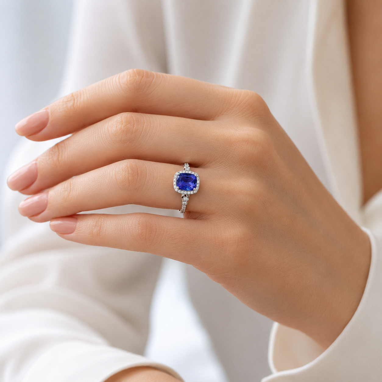 Natural Tanzanite Diamond Halo Cocktail Art Deco 14KT White Gold Ring