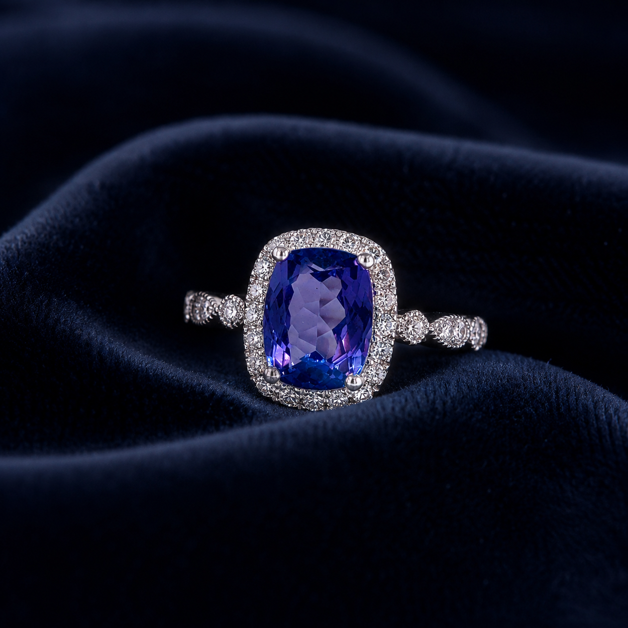 Natural Tanzanite Diamond Halo Cocktail Art Deco 14KT White Gold Ring