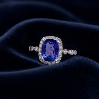 Natural Tanzanite Diamond Halo Cocktail Art Deco 14KT White Gold Ring