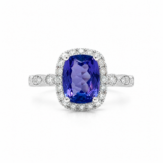 Natural Tanzanite Diamond Halo Cocktail Art Deco 14KT White Gold Ring