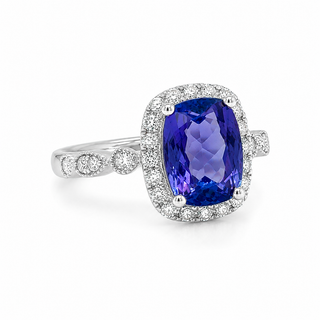 Natural Tanzanite Diamond Halo Cocktail Art Deco 14KT White Gold Ring