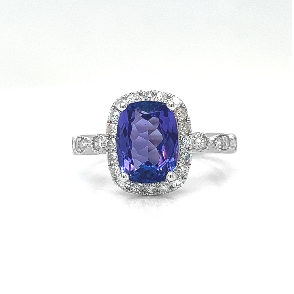 Natural Tanzanite and Diamond Halo Art Deco Cocktail Ring, in White Gold