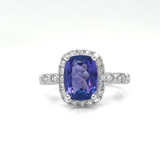 Natural Tanzanite and Diamond Halo Art Deco Cocktail Ring, in White Gold