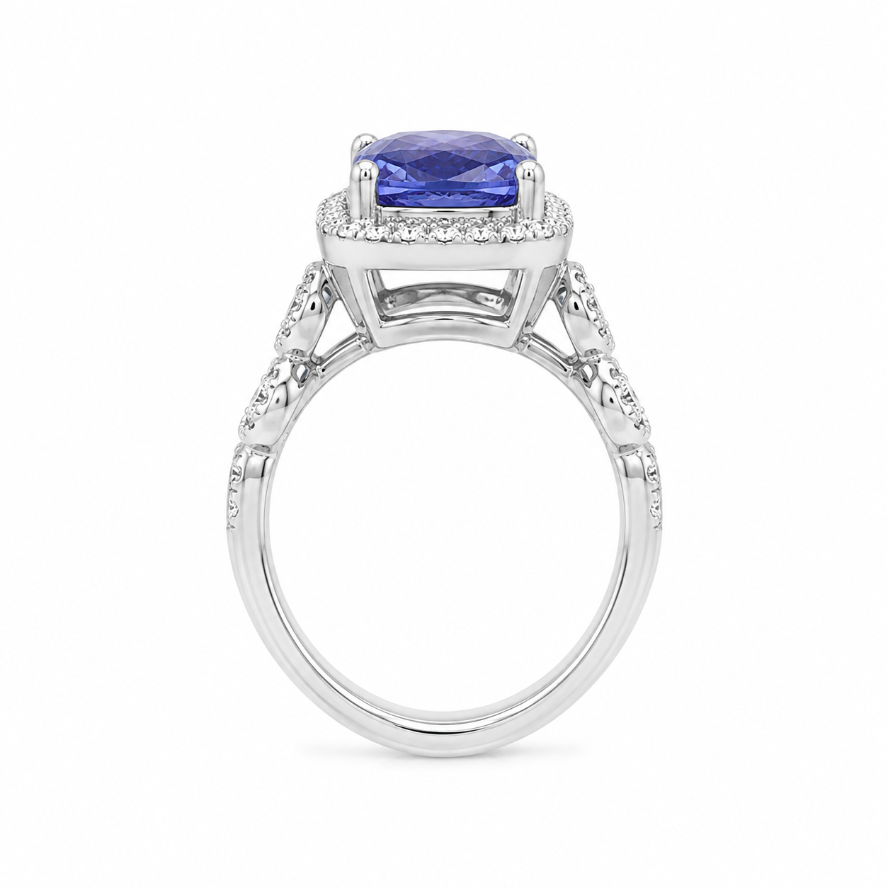 Natural Tanzanite and Diamond Halo Art Deco Cocktail 14KT White Gold Ring