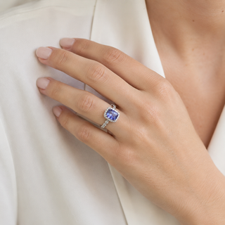 Natural Tanzanite and Diamond Halo Art Deco Cocktail 14KT White Gold Ring