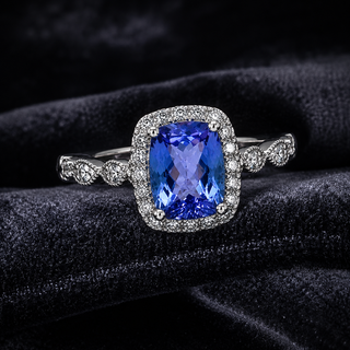 Natural Tanzanite and Diamond Halo Art Deco Cocktail 14KT White Gold Ring