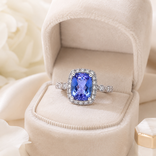 Natural Tanzanite and Diamond Halo Art Deco Cocktail 14KT White Gold Ring