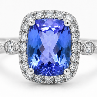 Natural Tanzanite and Diamond Halo Art Deco Cocktail 14KT White Gold Ring