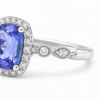 Natural Tanzanite and Diamond Halo Art Deco Cocktail 14KT White Gold Ring