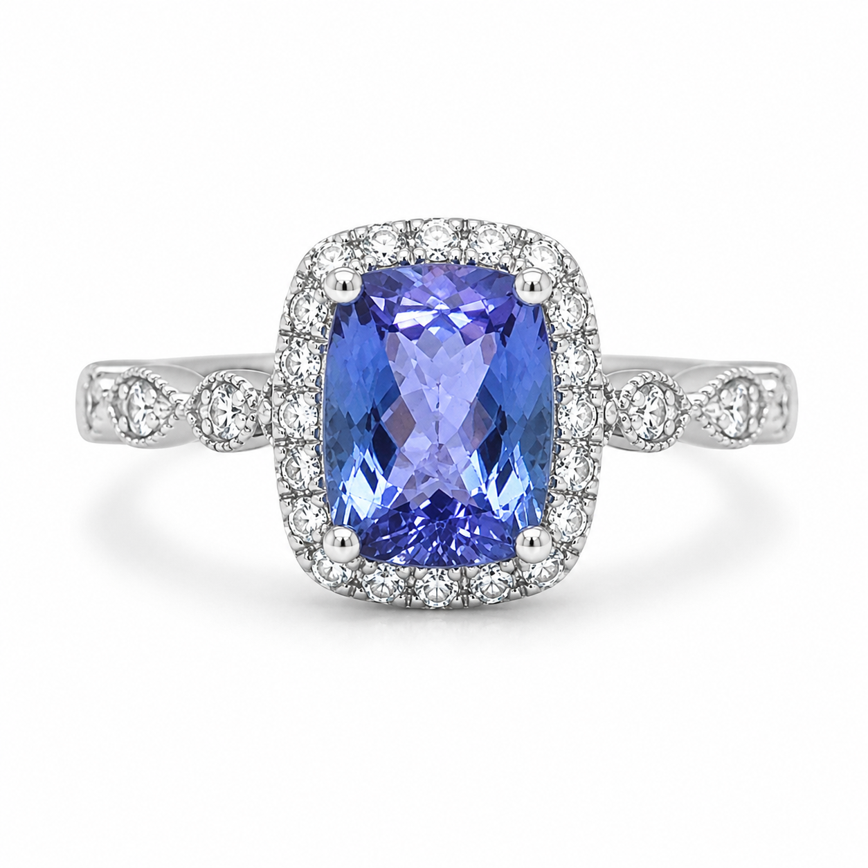 Natural Tanzanite and Diamond Halo Art Deco Cocktail 14KT White Gold Ring