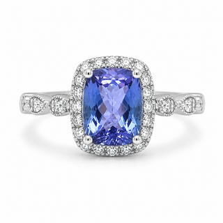 Natural Tanzanite and Diamond Halo Art Deco Cocktail 14KT White Gold Ring