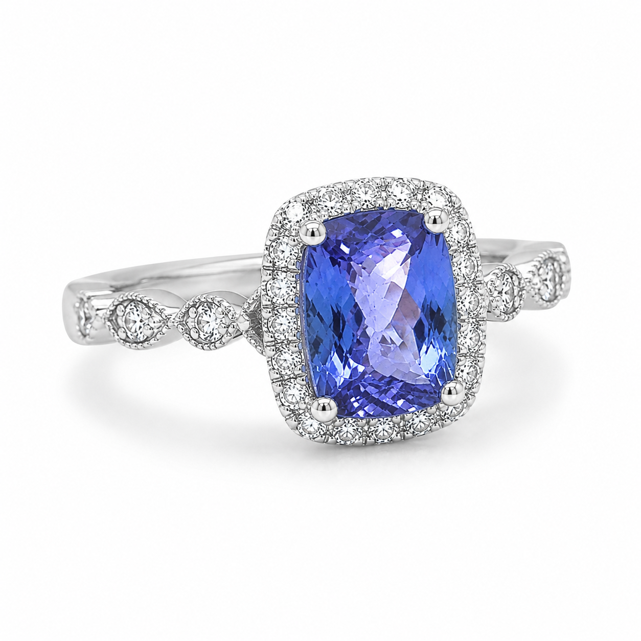 Natural Tanzanite and Diamond Halo Art Deco Cocktail 14KT White Gold Ring