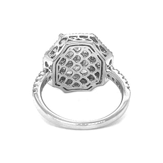 Natural Mined Cushion Cut Diamond with Natural Mined Baguette 3 Stone White Gold Ring