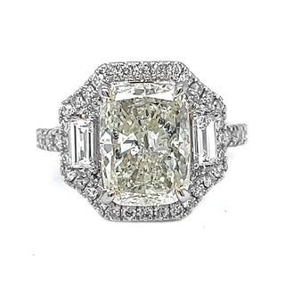 Natural Mined Cushion Cut Diamond with Natural Mined Baguette 3 Stone White Gold Ring