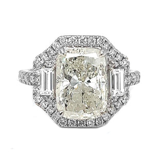 Natural Mined Cushion Cut Diamond Halo 3 Stone White Gold Ring