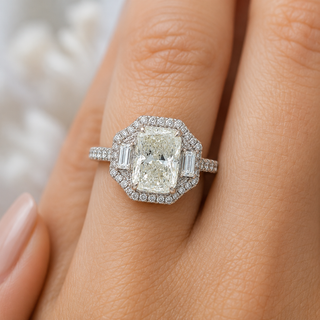 Natural Cushion Cut Diamond Halo 3 Stone Ring 18KT White Gold