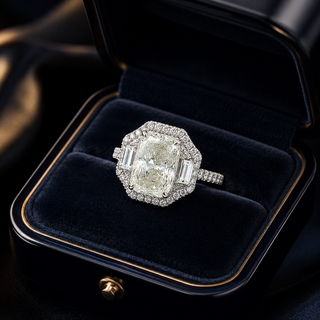 Natural Cushion Cut Diamond Halo 3 Stone Ring 18KT White Gold